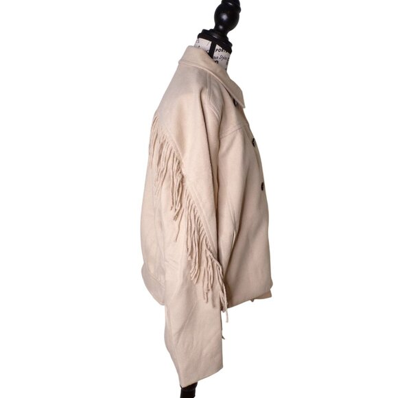 🆕ANN TAYLOR Fringe Bomber Jacket Wool Blend Lined Beige Medium - Picture 6 of 11